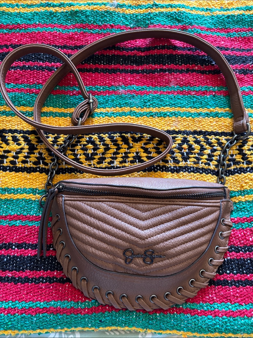 Jessica Simpson Brown Chevron Quilted Crossbody with Whipstitch Trim